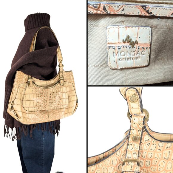 Monsac Croc Embossed Italian Leather Cream Crescent Shoulder Bag w/Pouch - Picture 12 of 12